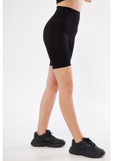 Lesa Wear Fitilli Yüksek Bel Likralı Toparlayıcı Kısa Şort Tayt Siyah