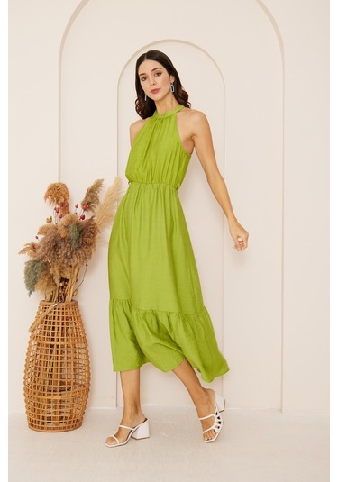 Yeşil Halter Yaka Kolsuz Elbise Dm1035