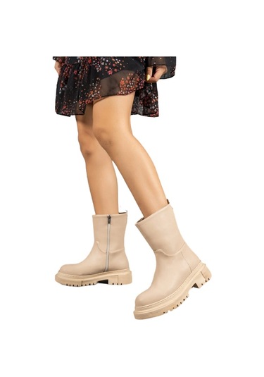 Beyaz Kalın Taban Diz Altı Fermuarlı Rahat Kadın Çizme TEN Ten Rengi