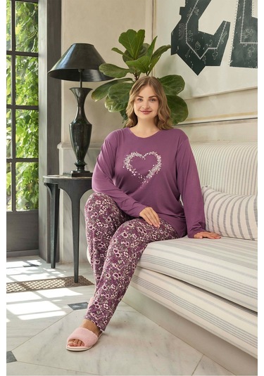 Aydoğan Kadın İnci Büyük Beden Kalpli Gülkurusu Pijama Takım 0649 Gülkurusu