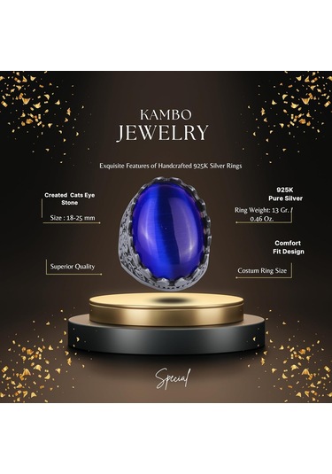 925 Ayar Gümüş Yüzük - Gül Desenli Yüzük - Erkekler İçin Yapay Taş Yüzük - El Yapımı Yüzük Yapay Lacivert Kedigözü Gümüş