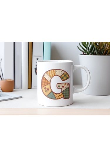 G Harfi Sonbahar Kış Temalı Yamalı Tasarım Kupa Bardak - Etnik Ve Pathwork Severlere Özel Hediye Beyaz