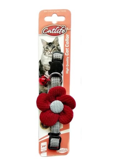 Catlife Çıngıraklı Çiçekli Kedi Boyun Tasması Bordo 30 CM