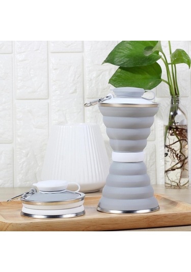 Mufunye Silikon Çekirdekli Katlanabilir Su Bardağı - Dış Mekan Sporları İçin Taşınabilir, Kapaklı, 401-500ml Gri Hediyelik Suluk Gri