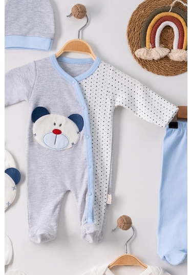 Peruflic Ayıcık Nakışlı Tulumlu % 100 Pamuk Erkek Bebek 5'li Set 0-3 Ay