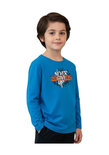 Düz Yuvarlak Yaka Nevver Give Baskı Detaylı Erkek Çocuk Sweatshirt Mavi