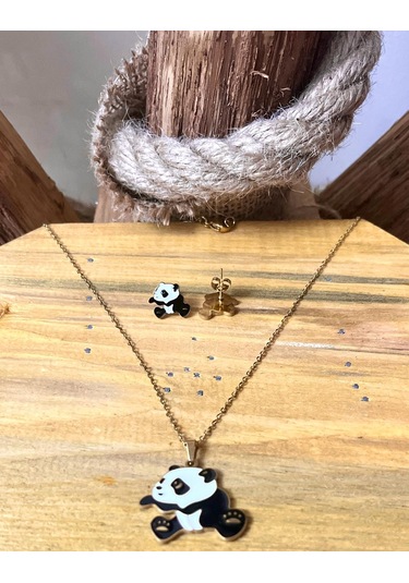 Sevimli Panda Mineli Gold Altın Renk Çelik Kız Çocuk Küpe Kolye