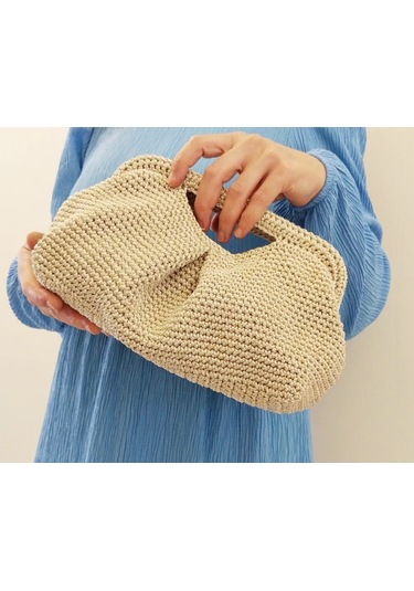 Parlak Tutmalı El Çantaları , El Yapımı Işıltılı Clutch, Örgü El Çantası Bej - Bej