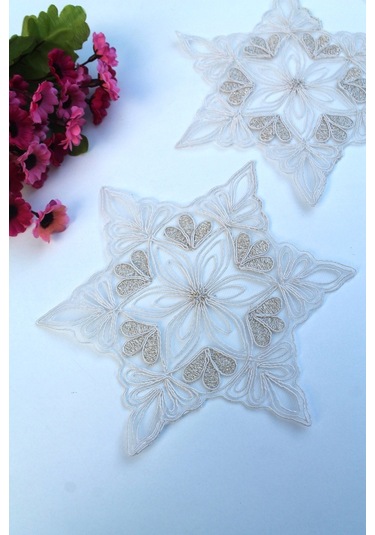 6 Adet Yıldız Motifli Krem Gold Simli Bardak Altlığı & Kokteyl Beyaz