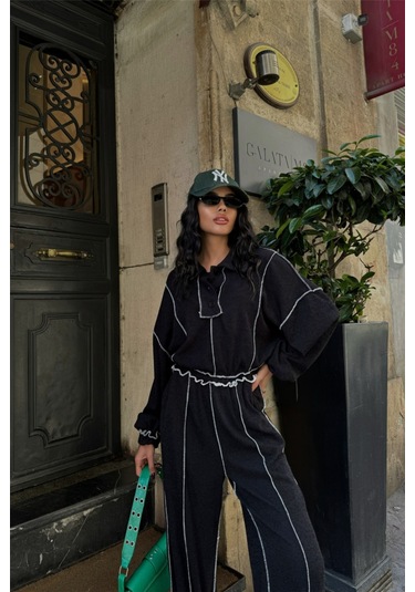 The İstanbul Biyeli Bluz Pantolon Takım Şönil Kumaş - Siyah Siyah