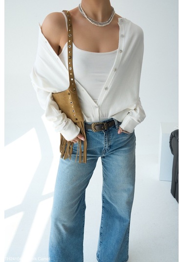 Kadın Kemik Renk Düğmeli Triko Hırka Kol Camel Renk Parça Detaylı Ekru