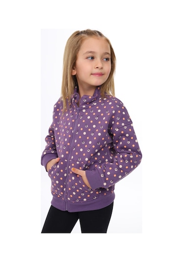 Toontoy Kız Çocuk Dik Yaka Fermuarlı Cepli Düşük Omuz Baskılı Örme Hırka - 2 İplik Şardonlu Mor