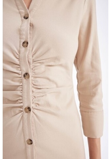 Defacto Gömlek Yaka Basic Düz Düğmeli Beli Büzgülü Bengalin Yarım Kollu Elbise D4560AX24AUBG303