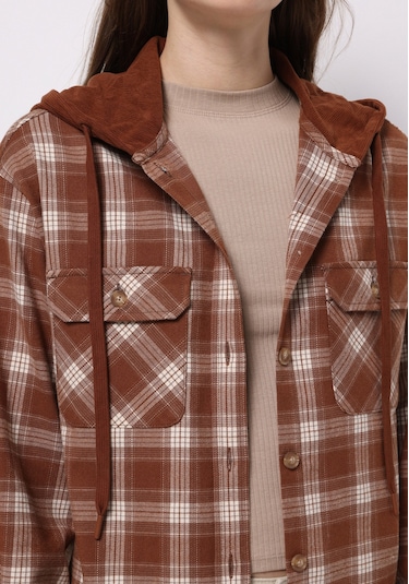 Colins Regular Fit Kapüşonlu Ekoseli Kadın Bej Uzun Kol Gömlek Cl1077251 Q1.v1 Lbr Light Brown