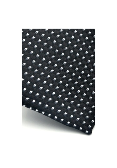 Beyaz Küçük Kare Desenli Siyah Dokuma Kumaş Mendilli Slim Fit Kravat // Sdk-2511-1 Siyah