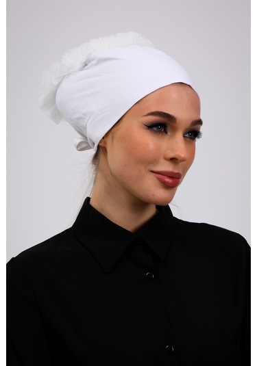 Kaymayan Fırfırlı Silikonlu Dikişsiz Bone Ekru - Kaymaz Kadın Tesettür Bağlamalı İç Bone Ekru