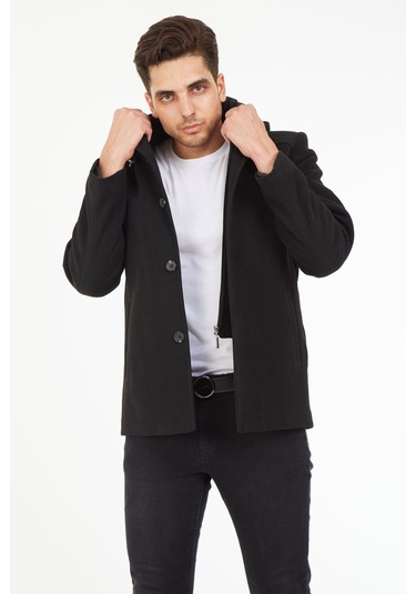 Sposo 1704 Çıkma Kapşonlu Yün Kaşe Füme Erkek Kaban Füme