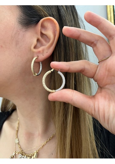 Altın Nesil - 14 Ayar Altın Sarı Beyaz Boru Büyük Halka Küpe Altın - Beyaz Altın