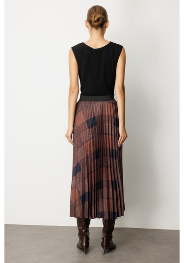 Ekol Kadın Desenli Piliseli Etek 2045 Kahverengi Kahverengi