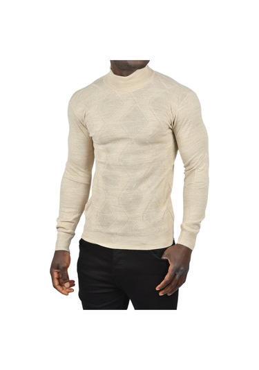 Deepsea Erkek Bej Deepsea Baklava Desenli Slim Fit Yarım Balıkçı Yaka Triko Boğazlı Kazak 2505511 Bej