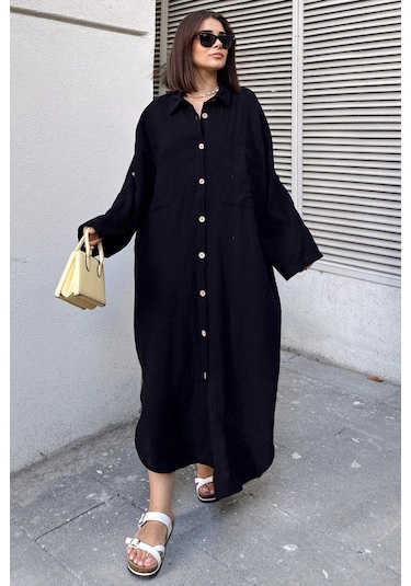 Kadın Siyah Muslin Kumaş, Yarasa Kol, Eteği Oval, Çift Cepli, Uzun Oversize Salaş Gömlek Elbise Siyah
