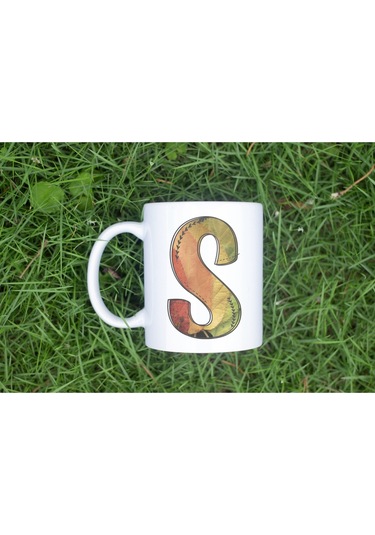 S Harf Yaprak Renkleri İle Kupa Bardak - Kişiye Özel Alfabe Harfli Bardak - Hediye Beyaz
