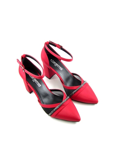Molly Kırmızı Saten Taşlı Fileli Kalın Topuklu Ayakkabı