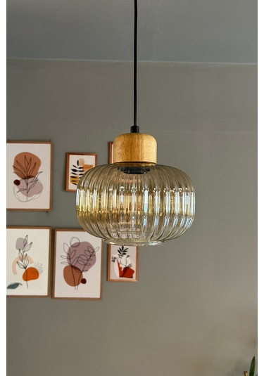 Mola Cam Bal Rengi Tekli Avize Geniş Ahşap Başlık Retro Sarkıt Lamba Restoran Salon Aydınlatma Bal