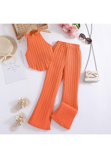 7-12y Kızlar Büyük Kız Takım Elbise Çocuk Yaz Yeni Moda Askılı Boyun Yelek Üst Dalga Şerit Pantolon 2 Adet Turuncu