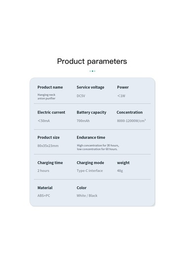 Mini Taşınabilir Askılı Boyun Anyon Hava Temizleyici Hızlı Hava Temizleme Yüksek/düşük Vites Ayarı Dahili Pil Siyah Kordon