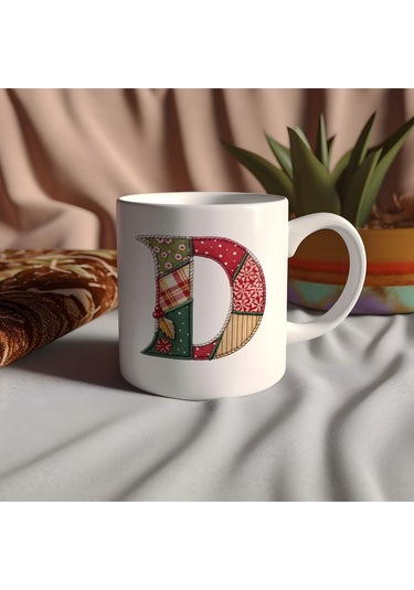 D Harfi Yılbaşı Temalı Kupa Bardak - Yeni Yıl Konsept Yamalı Efekt Tasarım - Noel Hediye Beyaz