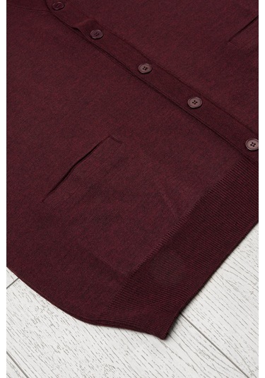 Ön Cepli V Yaka Battal Büyük Boy Düğmeli Yünlü Triko Hırka Bordo