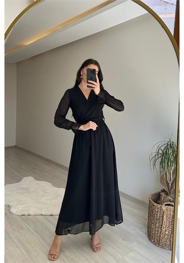 Neşeli Butik Kadın Uzun Kollu Kuşaklı Maxi Şifon Elbise Nm001 Siyah
