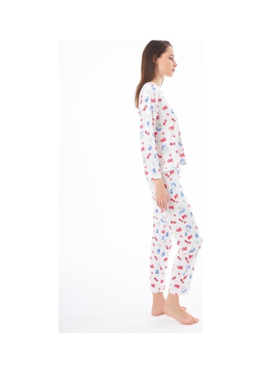 Premium Yazlık Kadın Pijama Takımı Meyve Desenli Yumuşak Dokulu Bisiklet Yaka Uzun Kollu Krem