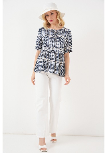 Kadın Desenli Kısa Kol Bluz 969 - İndigo Indigo
