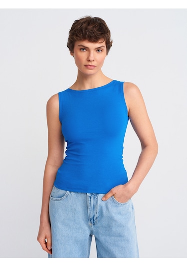 Dilvin 20868 Kayık Yaka Kolsuz Top-saks Saks