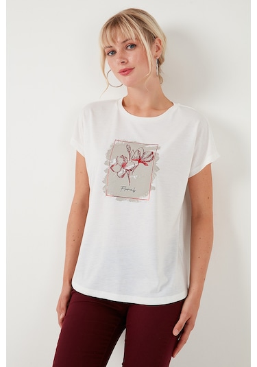 Lela Baskılı Bisiklet Yaka Regular Fit Bayan T Shirt 6671002 Ekru
