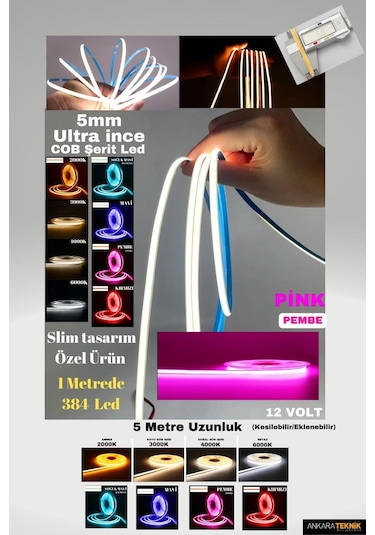 Ultra Ince 5mm. Kalınlık Cob Şerit Led Pembe Neon Gibi Yanar.