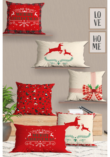 Belle Benoit Yılbaşı Baskılı Dikdörtgen 6'lı Koltuk Kırlent Kılıfı Kırmızı - Beyaz