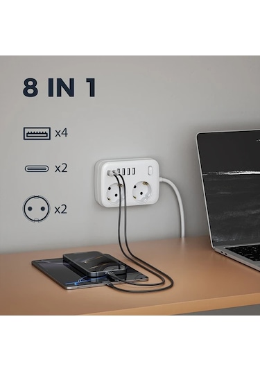 Motion003 8i 1 Arada Kompakt Kup Guc Seridi Beyaz 10 Ft Asiri Gerilim Korumasi 2 Ac Priz 4 Usb Port 2 Type C Port Ab Fis