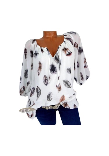 Beyaz Dökümlü Moda Günlük V Yaka Üst Baskılı Yarım Kollu Gömlek Kazak Tişört Beyaz