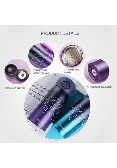 Ruicoo 500ml Paslanmaz Çelik Yıldız Desenli Termos - 24 Saat Sıcak Tutar, Sızdırmaz, Taşınabilir Mor