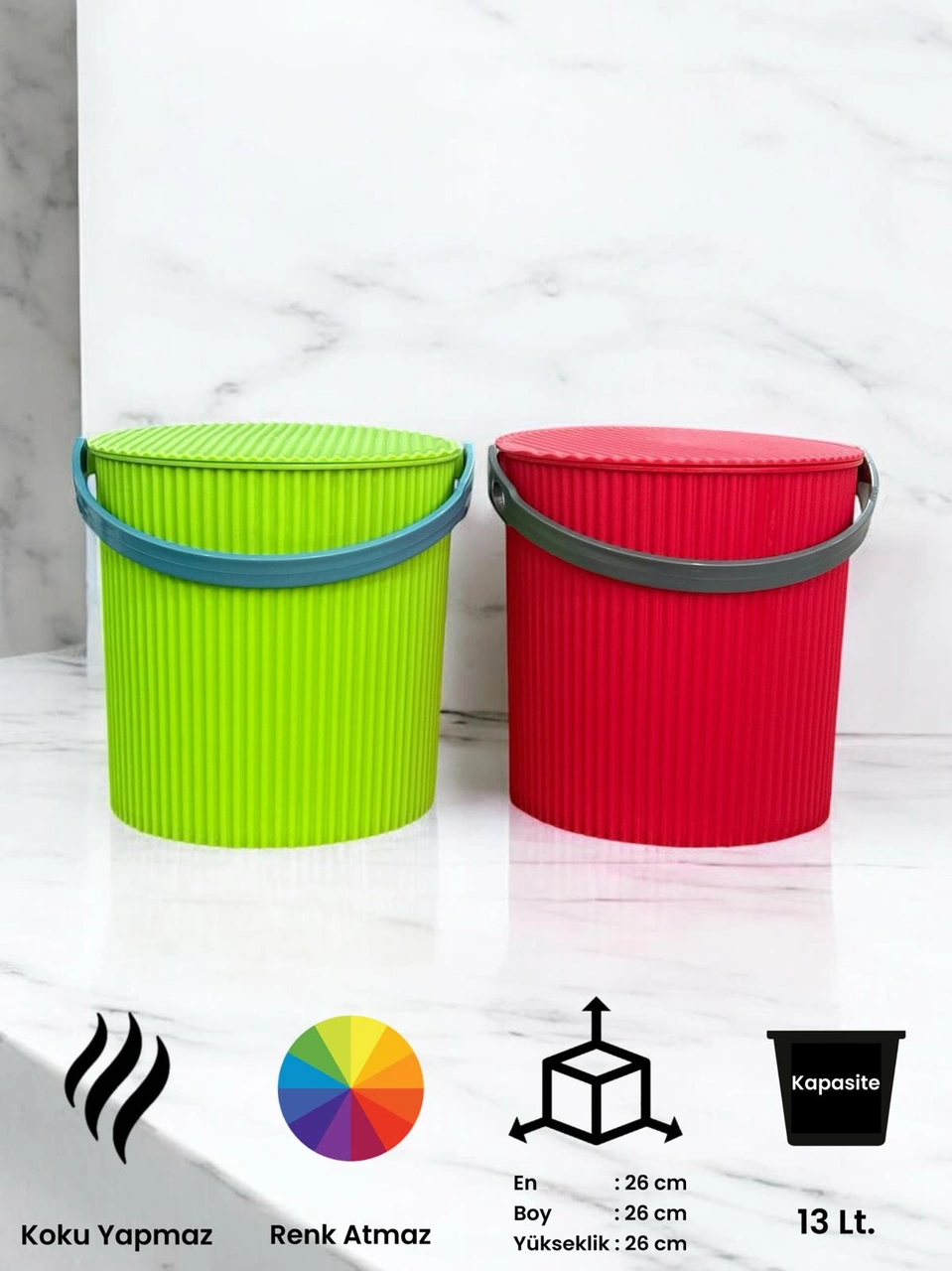 Rainbow 2 Li Yeşil-kırmızı Büyük Boy 13 Litre Yuvarlak Kova Piknik Sepeti Meyve Kovası