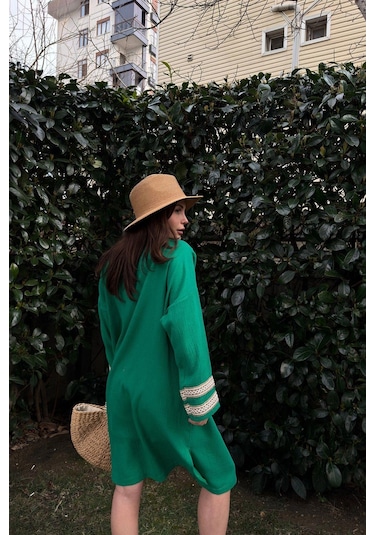 Kadın Yeşil Müslin Kumaş, Hasır Şerit Detaylı Salaş Kimono Ceket Yeşil