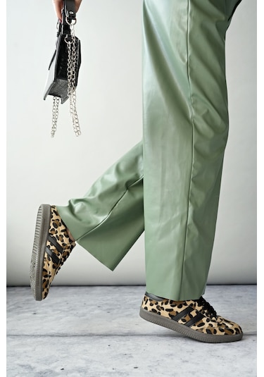 Muggo Leopard Garantili Kadın Ortopedik Günlük Bağcıklı Yürüyüş Leopar Desenli Sneaker Spor Ayakkabı Leopar Kahverengi