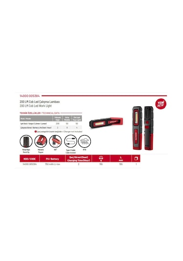 İzeltaş Cob Led Şarjlı Çalışma Lambası 200 Lm 14000005384