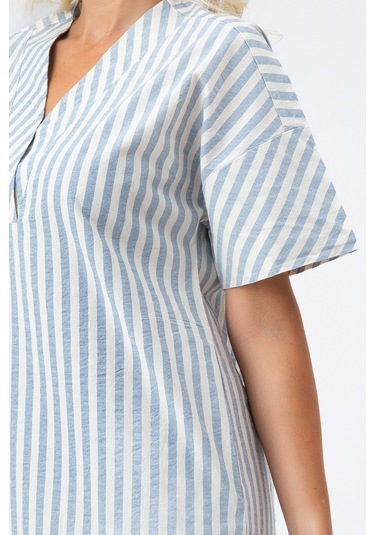 Bold & Young Kadın Cepli V Yakalı Kısa Kollu Pamuklu Elbise Ekru