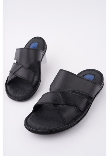 Muggo Eco Garantili Erkek Günlük Hakiki Deri Rahat Yumuşak Taban Ortopedik Terlik Siyah