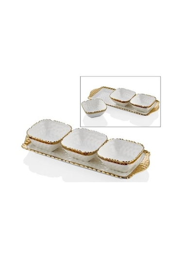 Hammered Whıte Gold Porselen 3lü Kahvaltılık Seti Tepsili 36cm Beyaz - Gold