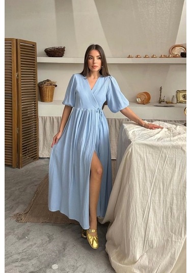 Bebe Mavi Müslin Uzun Elbise Bebe Mavi